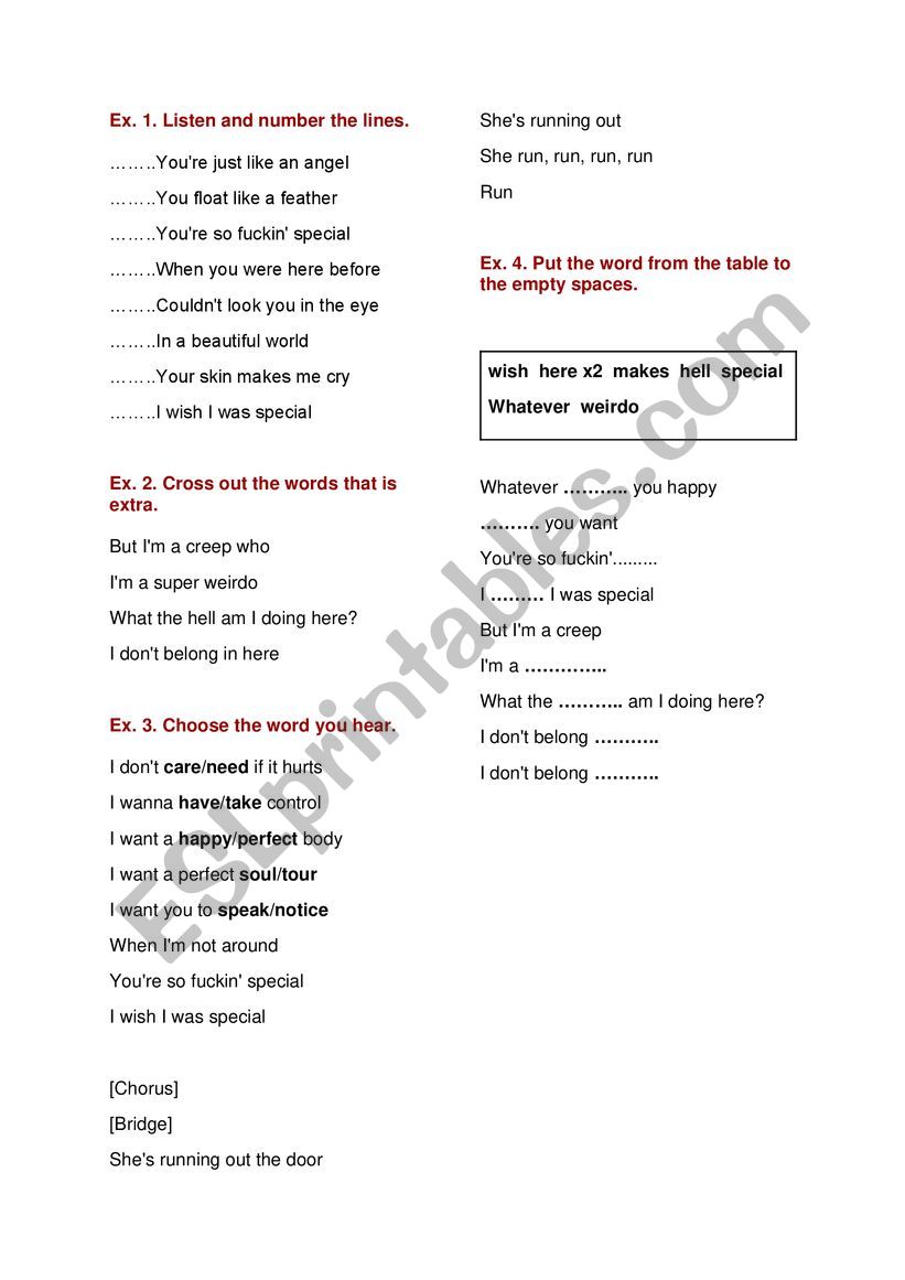 creep radio head worksheet