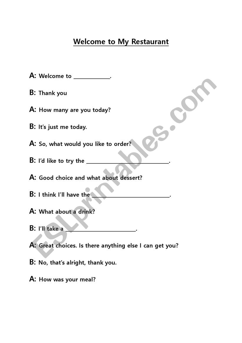 Restaurant Conversation worksheet