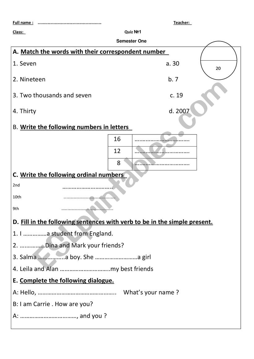 A quiz worksheet