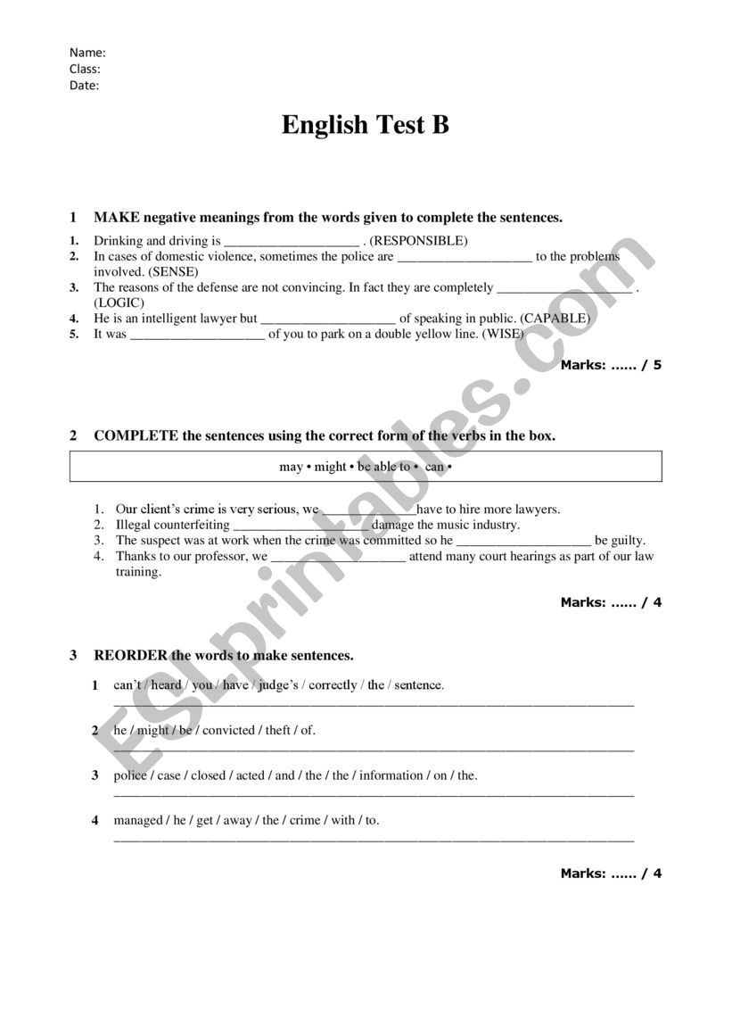 Review test worksheet