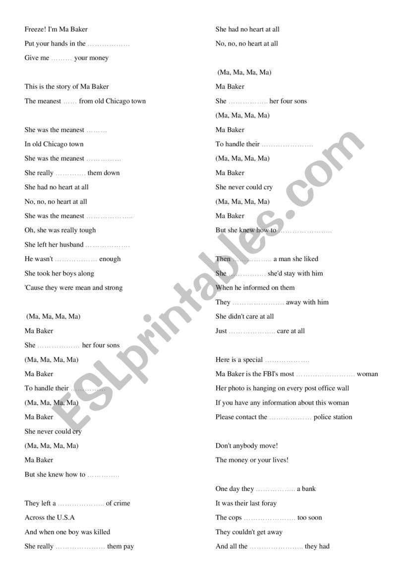 Ma Baker - listening exercise worksheet