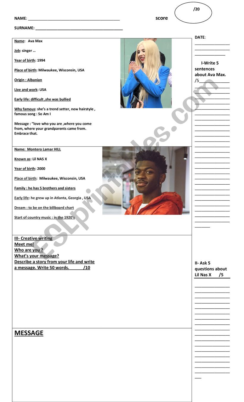 Ava Max and Lil Nax profiles worksheet