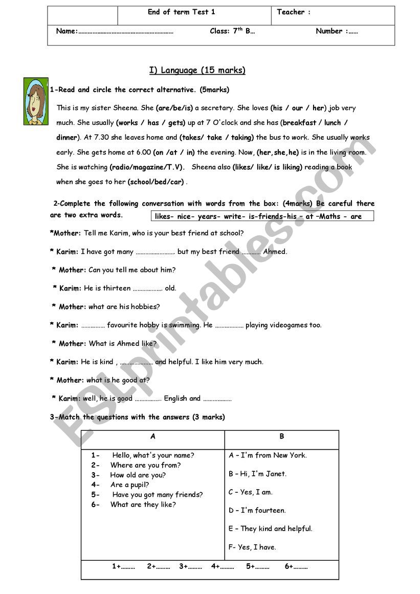 7th Form Test worksheet