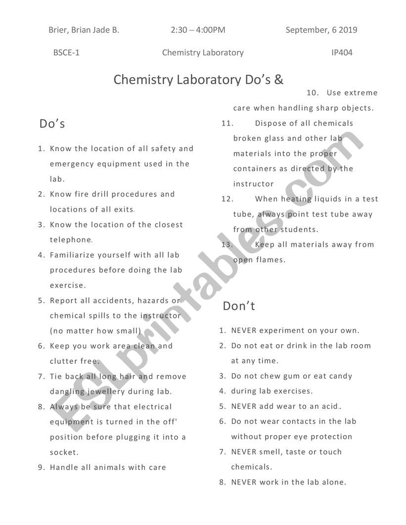 Chemistry Laboratory Do´s and Don´ts - ESL worksheet by Xyriz-An