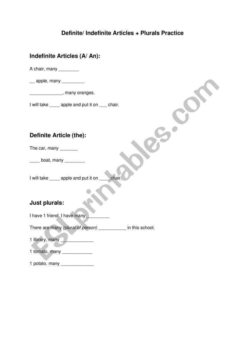 Definite and Indefinite articles worksheet