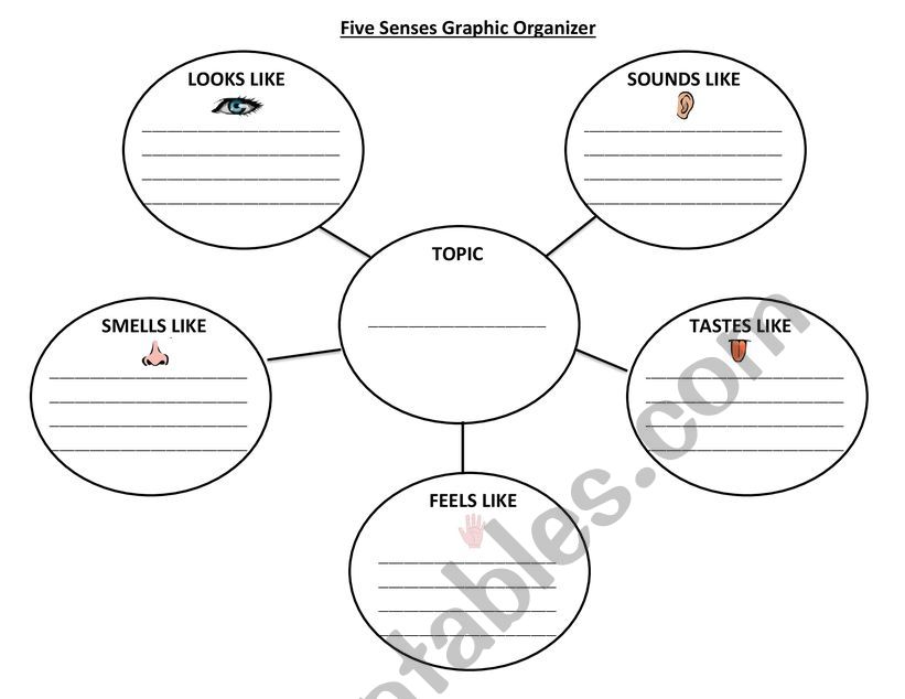 Five Senses Bubble Map Graphic Organizer - ESL worksheet by RSharpe86
