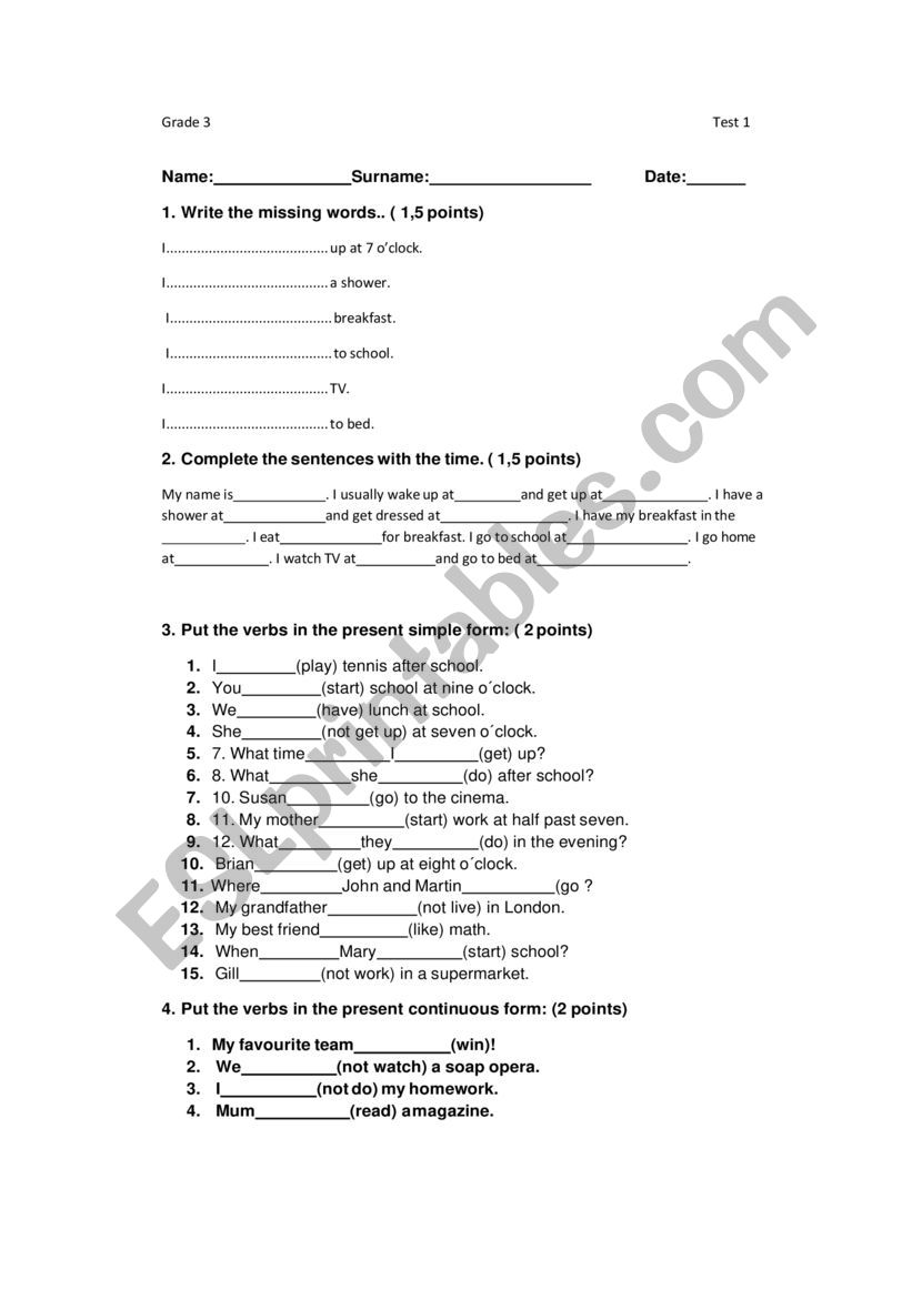 Grade 3 test worksheet