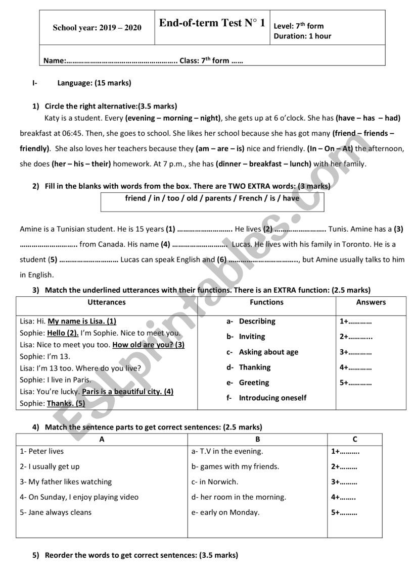 End-of-term test N° 1 - ESL worksheet by Tunisian Instructor