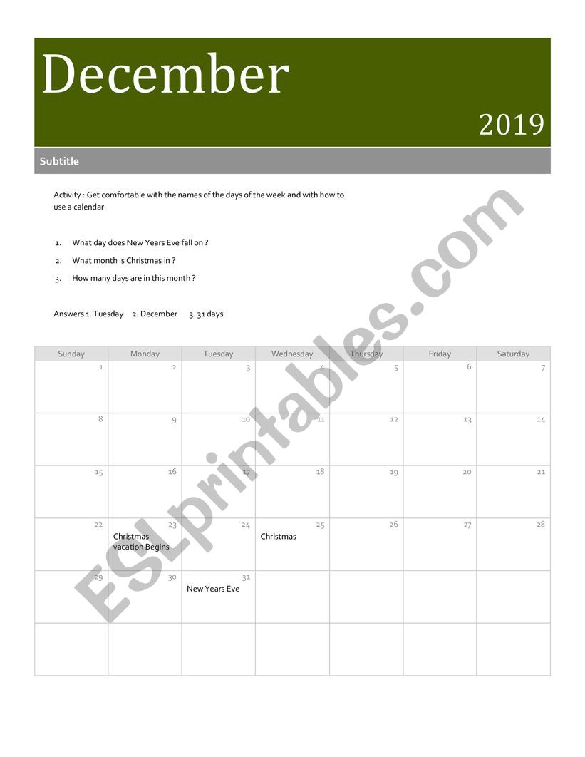 Calendar  worksheet