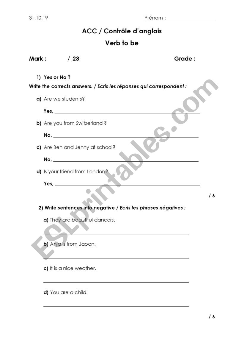 Test verb to be worksheet