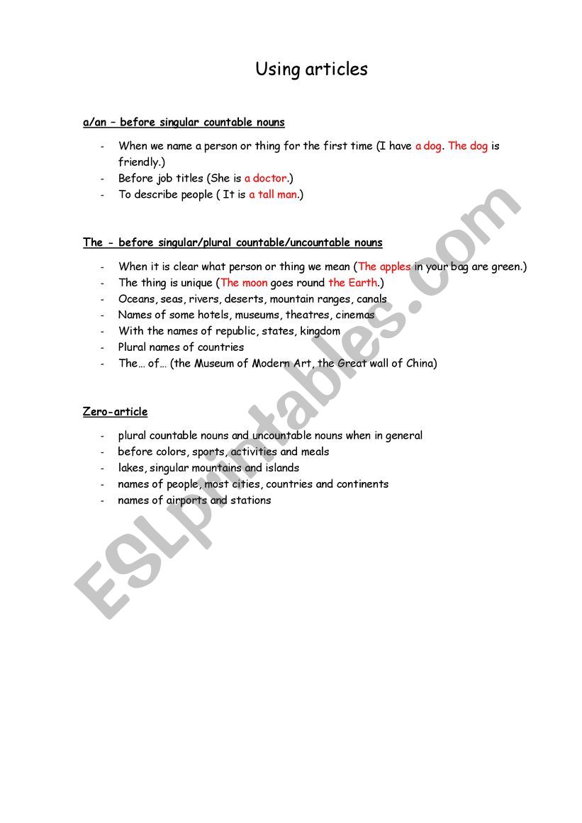 Usage of Articles worksheet