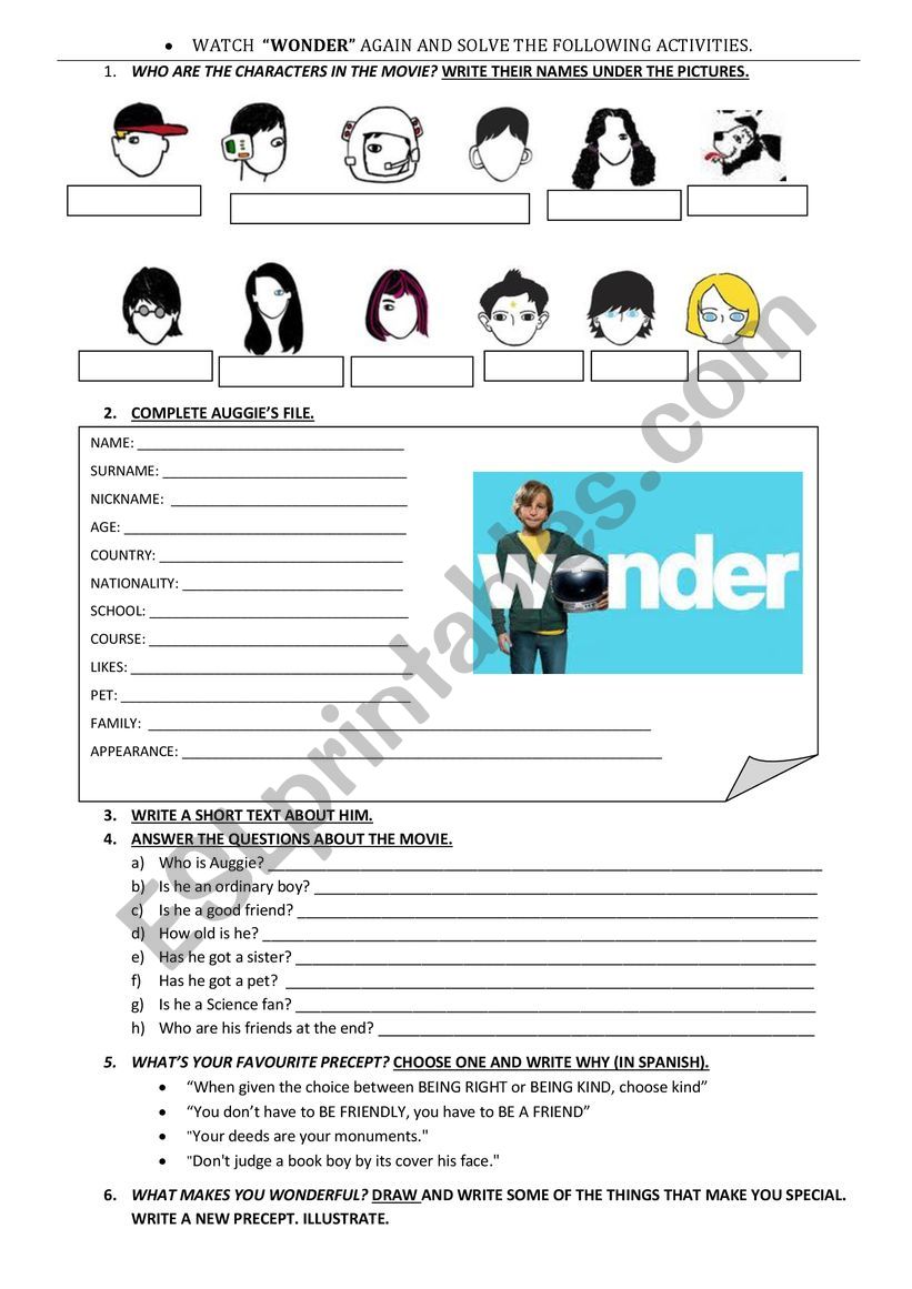 WONDER The Movie Worksheet ESL Worksheet By Lorelo295