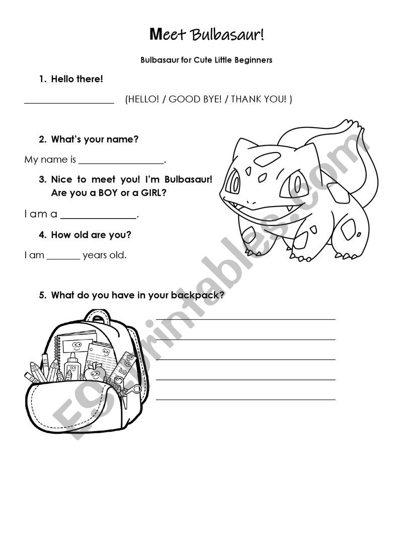 Classroom Objects bulbasaur worksheet