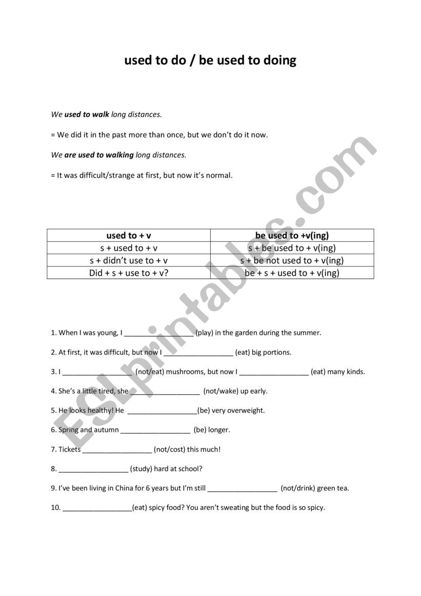 used to - be used to worksheet