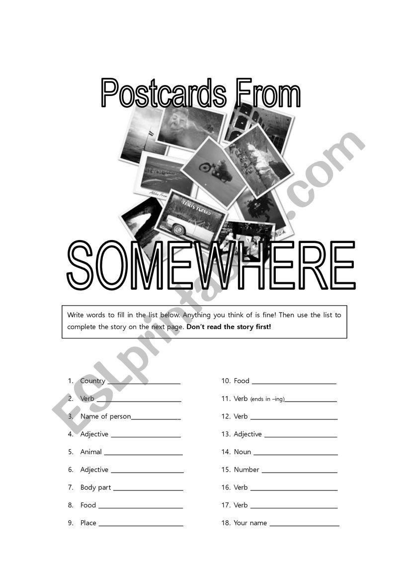 Send a postcard worksheet