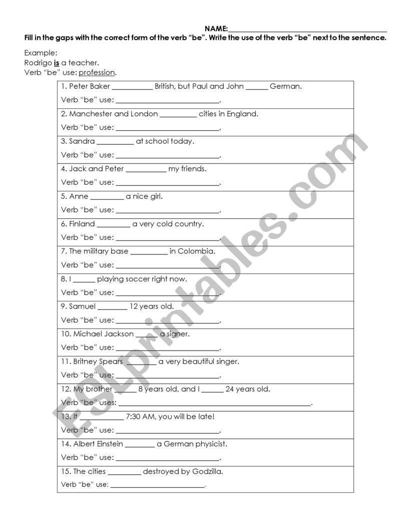 Uses of the verb be worksheet