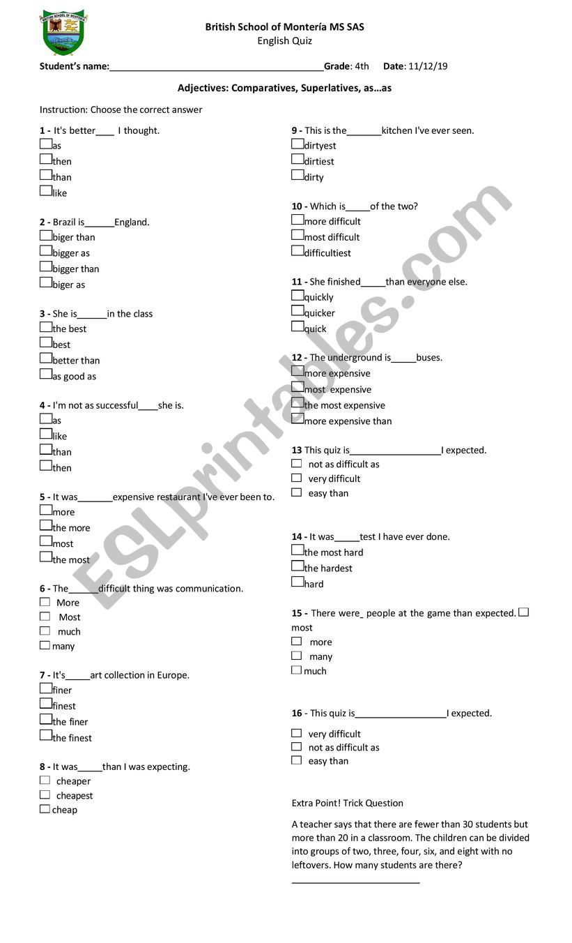 Comparative and Superlatives worksheet