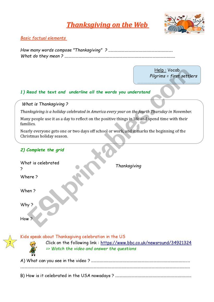 Thanksgiving on the web  worksheet