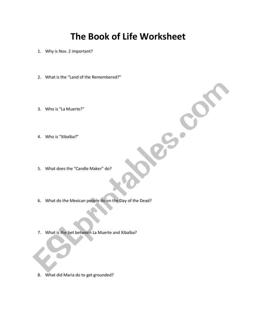 The Book of Life Movie Worksheet