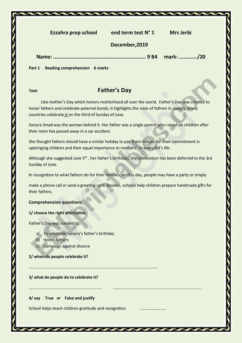 Fathers Day worksheet