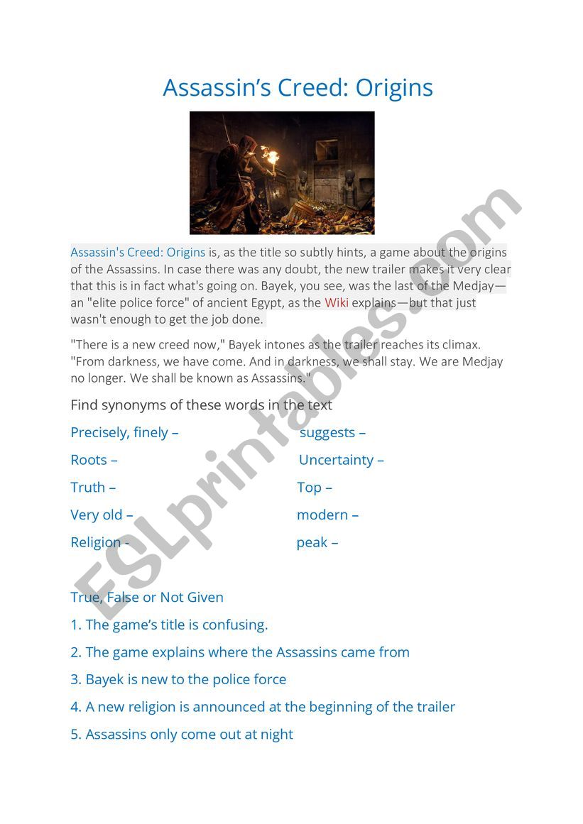 Assassins Creed:Origins worksheet