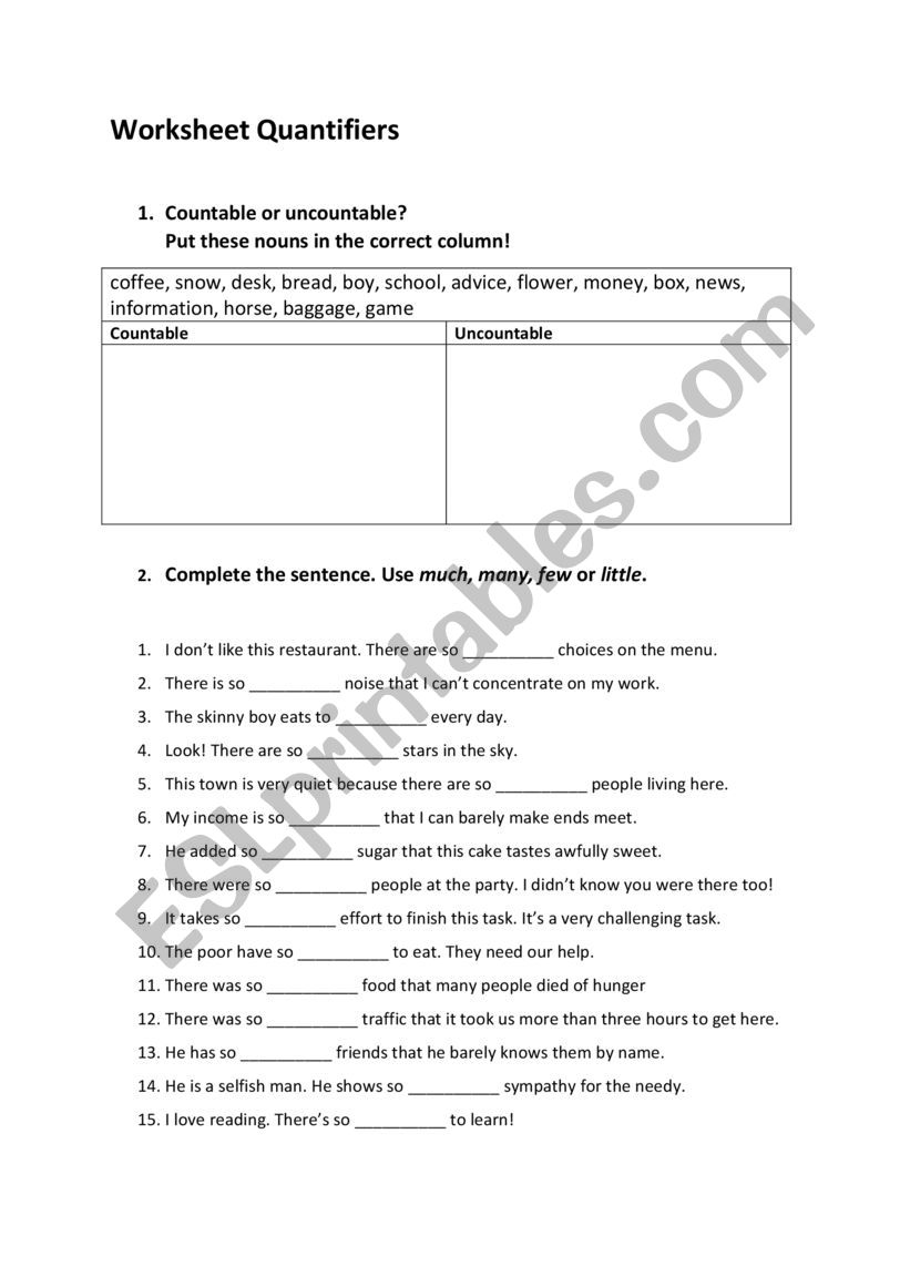 Worksheet Quantifiers worksheet