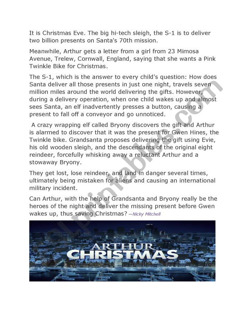 Arthur Christmas worksheet