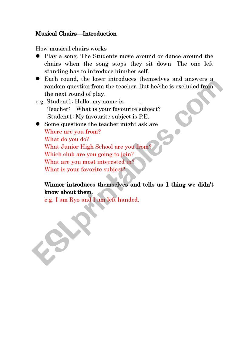 Musical chairs introduction worksheet