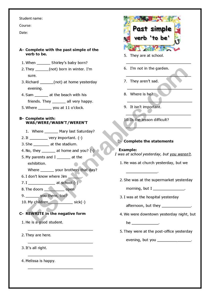 SIMPLE PAST OF TO BE  worksheet