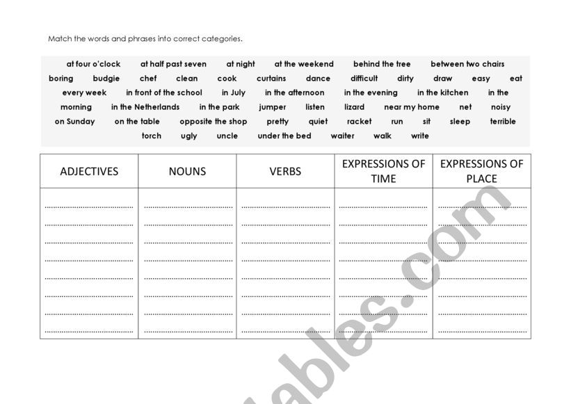 parts of speech matching worksheet