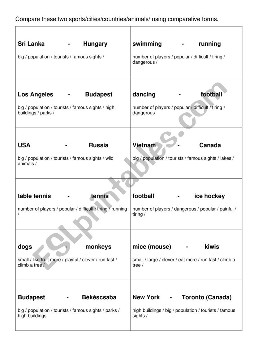 Comparative - talking cards worksheet