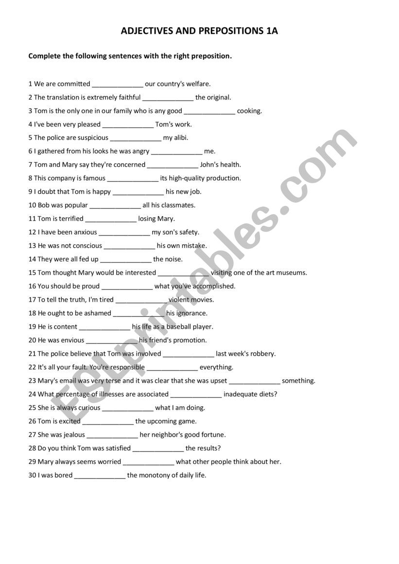 Adjectives and prepositions - ESL worksheet by Lobellia