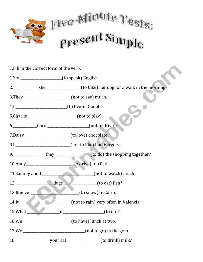 present simple 5 minute test worksheet