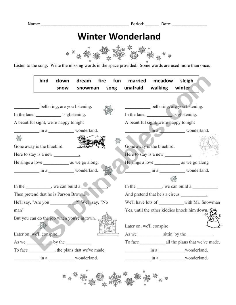 Winter Wonderland CLOZE activity with Crossword