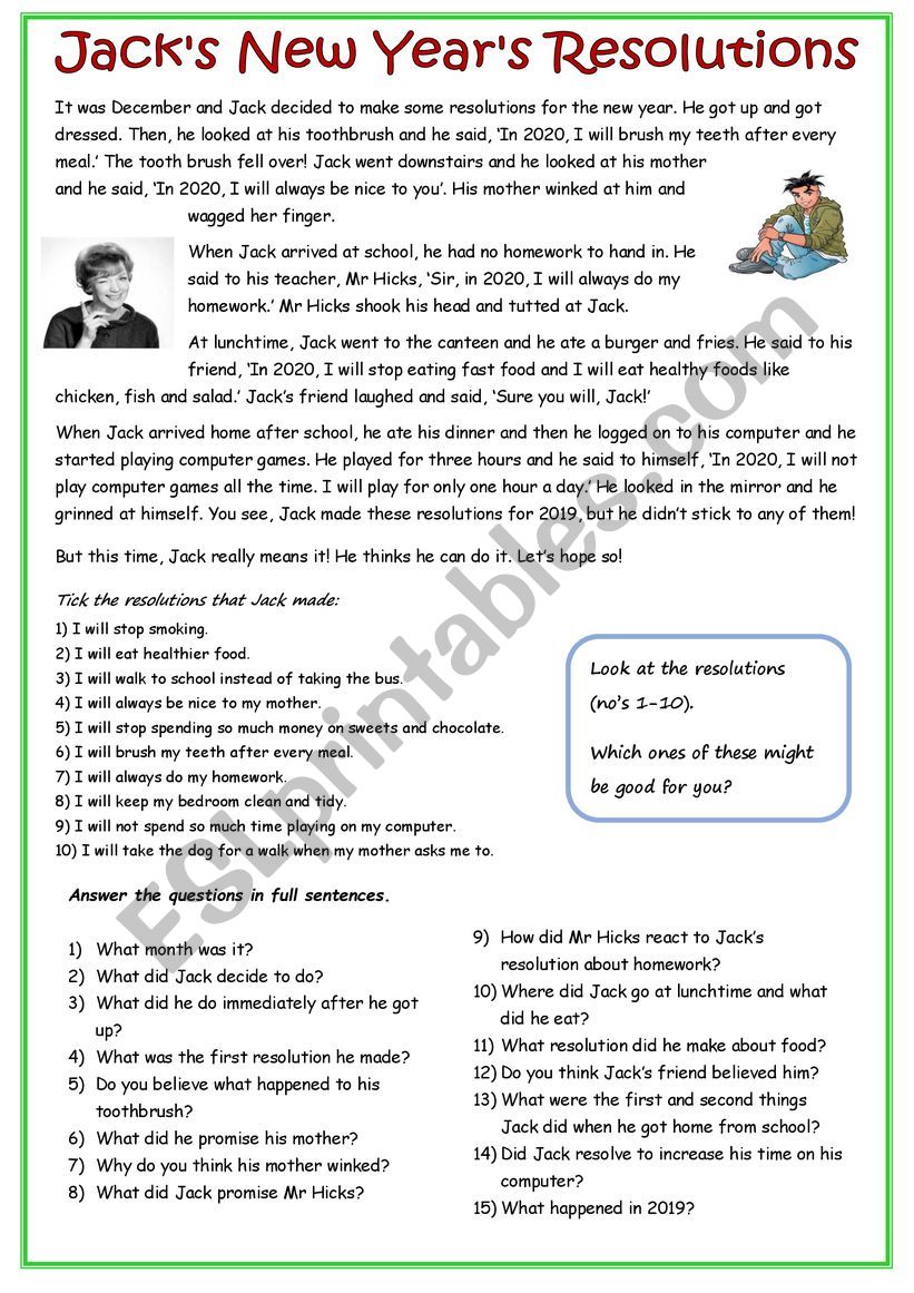 Jack´s New Year Resolutions - ESL worksheet by cunliffe