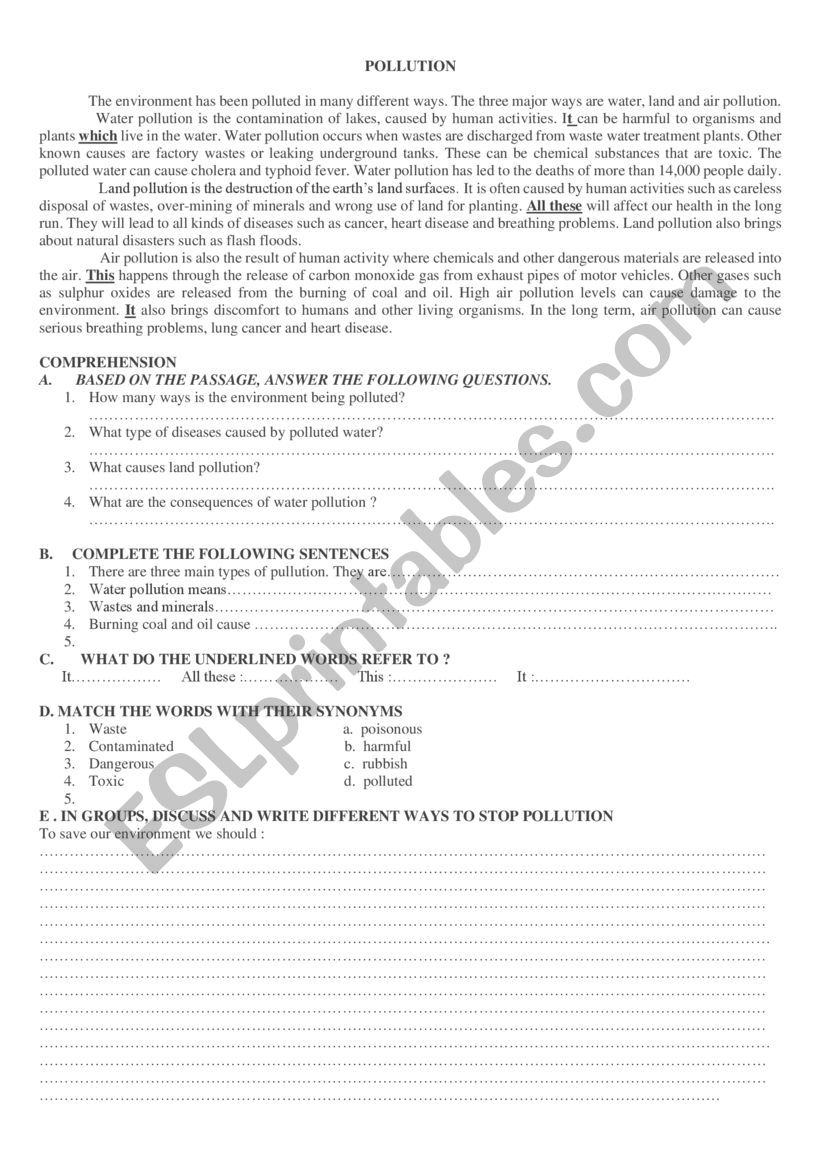 pollution comprehension worksheet