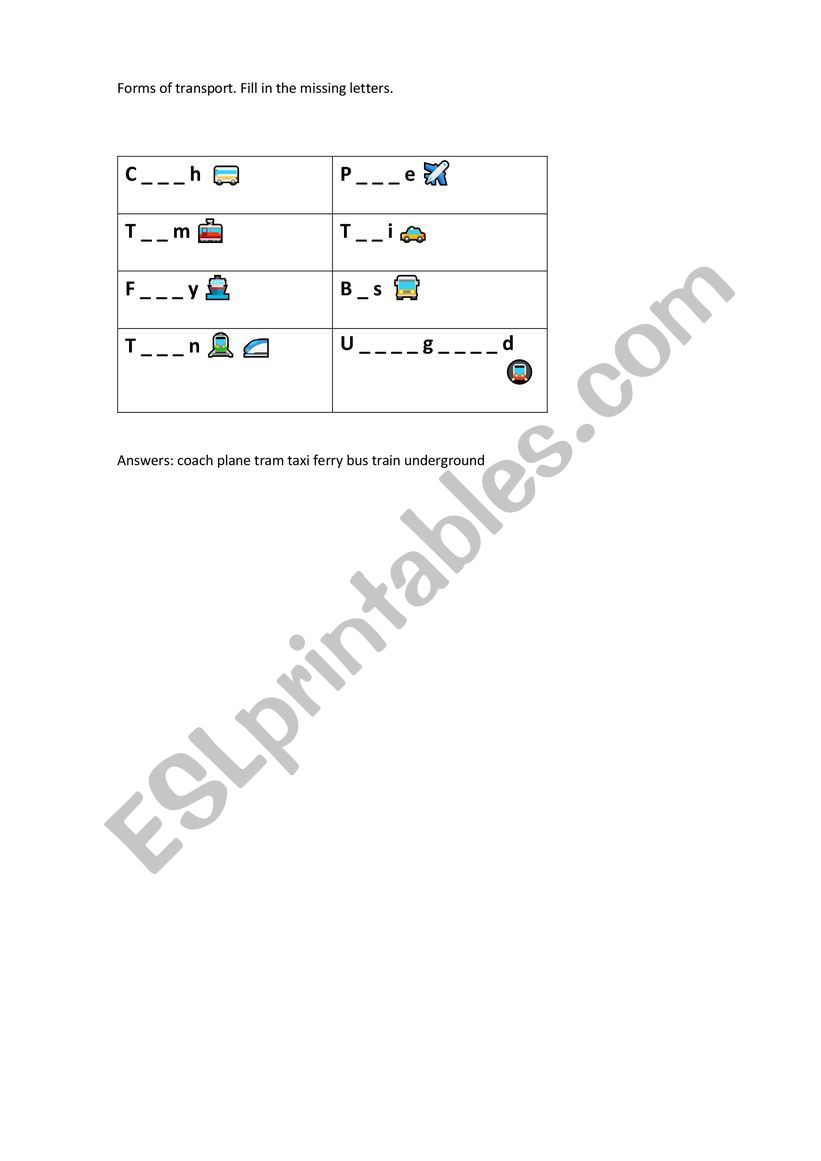 Forms of transport worksheet