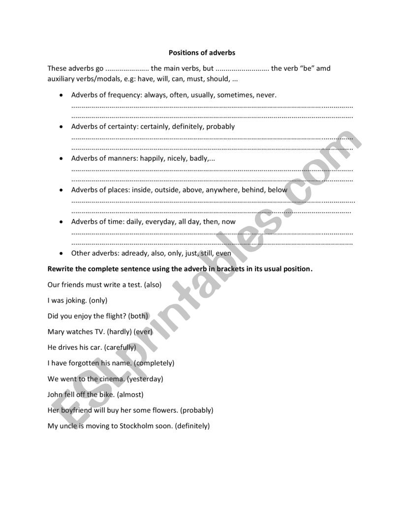 Positions of adverbs worksheet