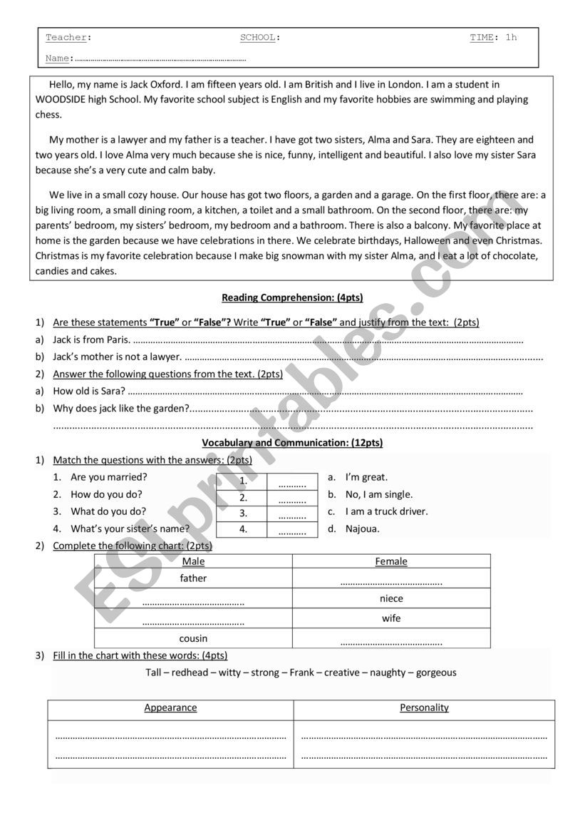 Vocabulary test (personnal relations)