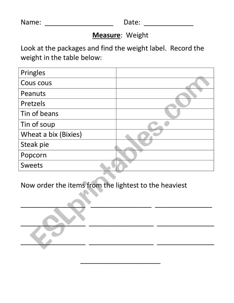 Ordering weight worksheet