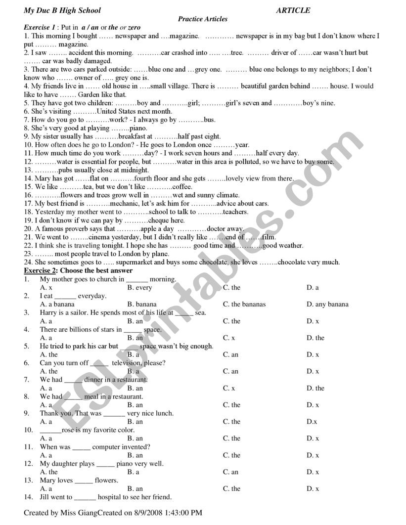 Article worksheet