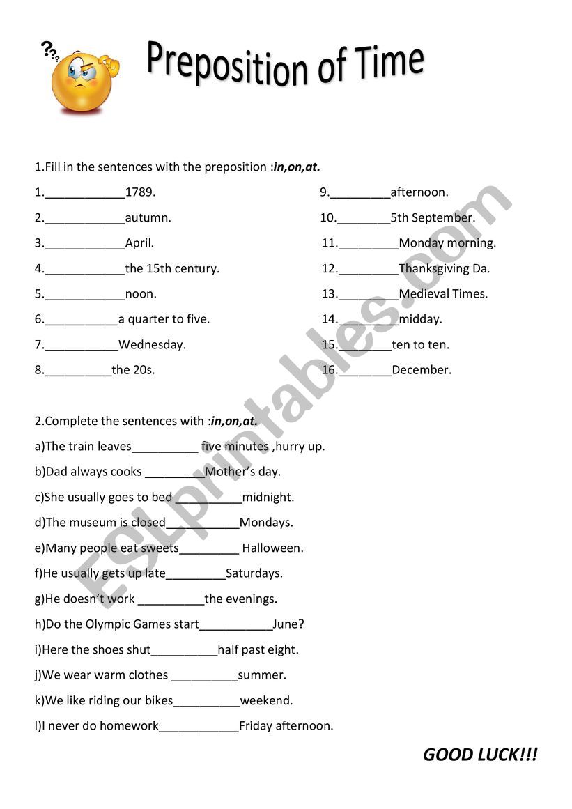 Preposition of time worksheet