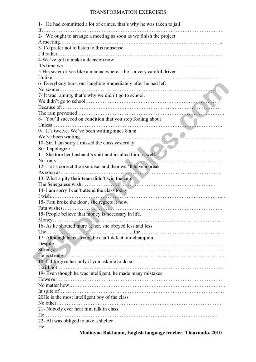 transformation exercises worksheet