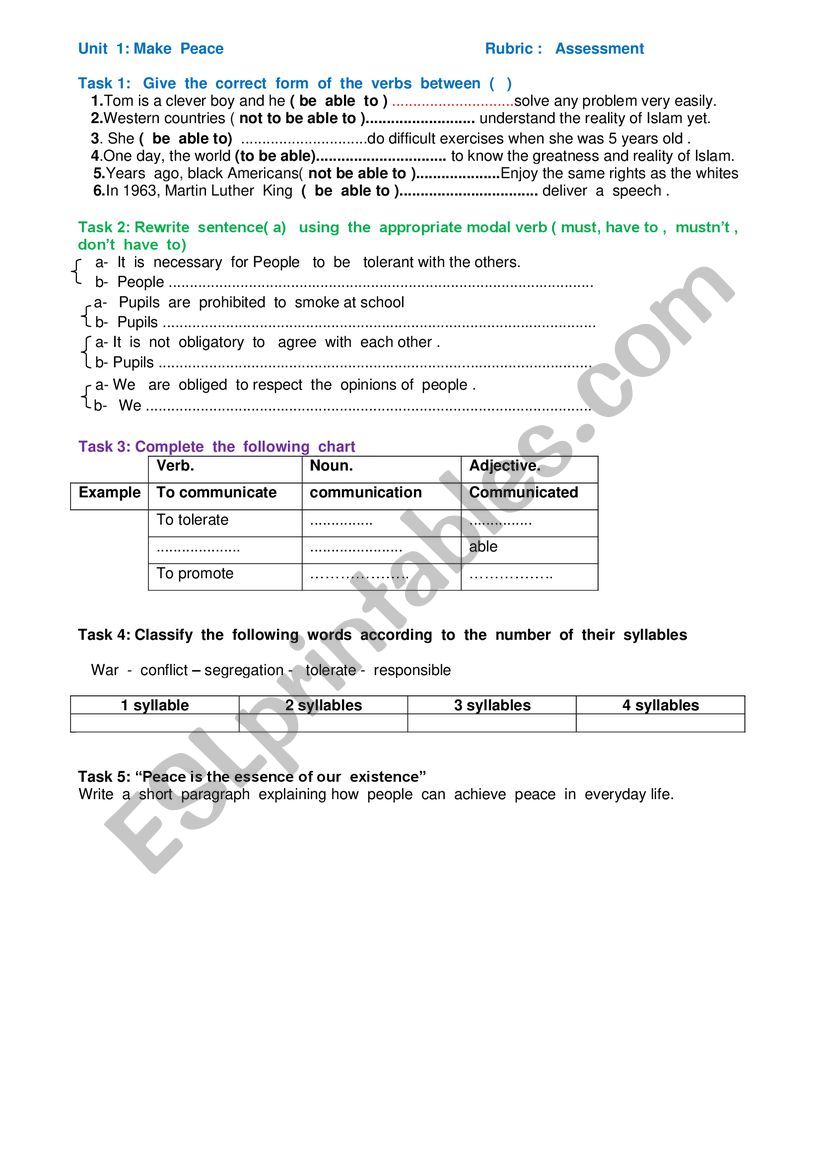 Make  peace   : Assessment  worksheet