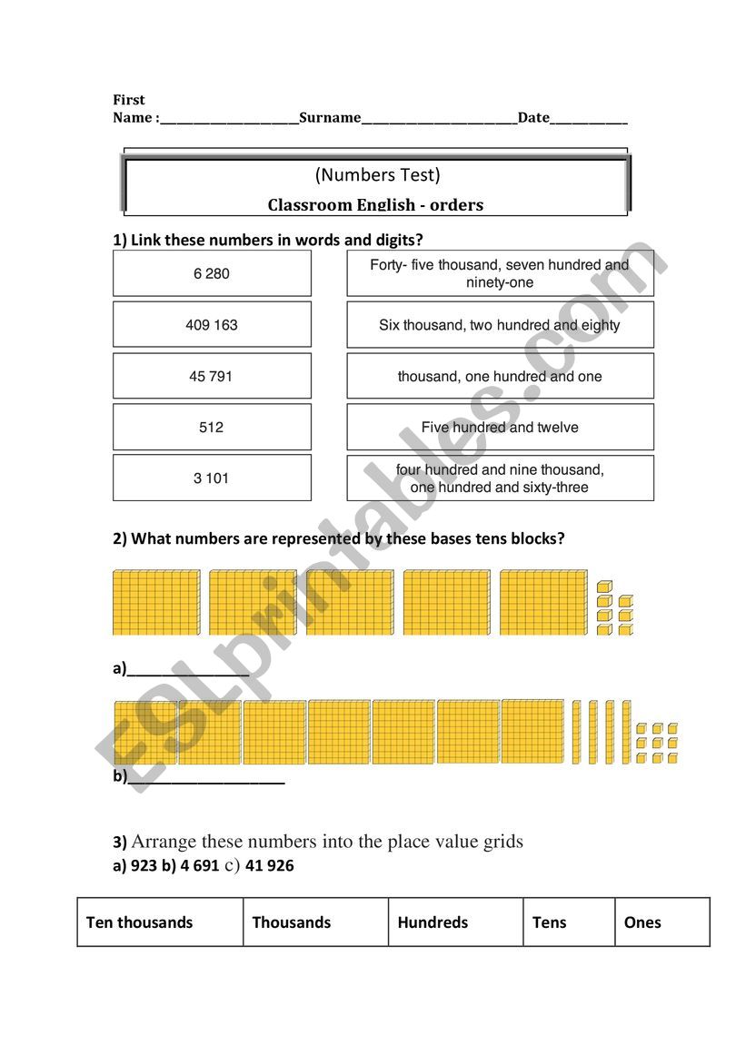 Numbers and place value worksheet