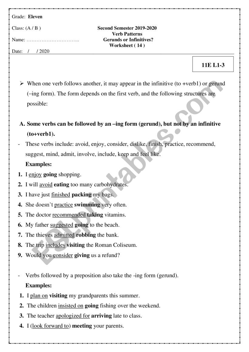 Gerunds Vs Infinitives worksheet