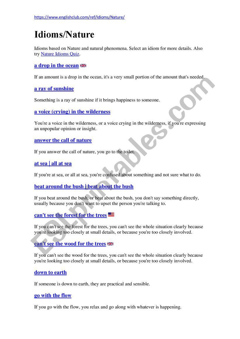 Idioms about environment worksheet