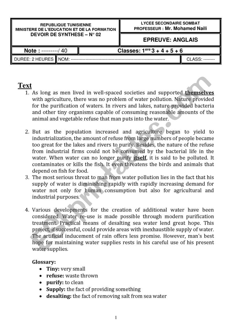 End of term 2 Test worksheet