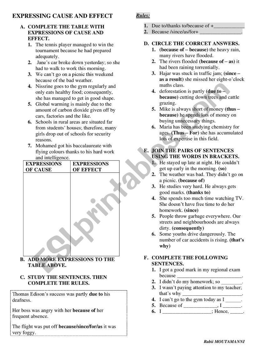 EXPRESSING CAUSE OR EFFECT worksheet