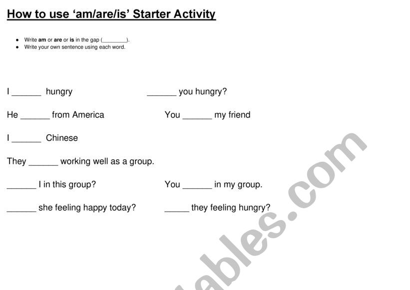 Using Am, Are and Is Starter Activity